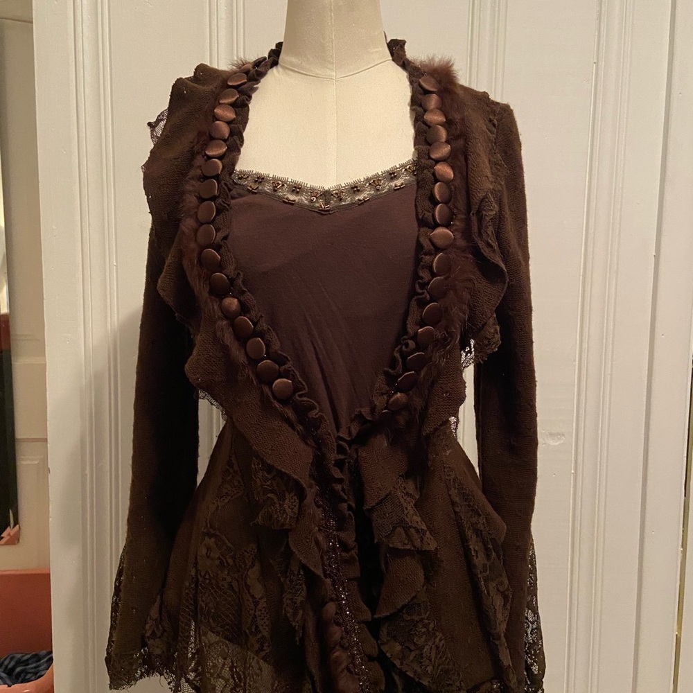 Brown Lace Ruffled Cardigan
